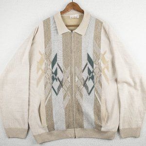Vintage Sweater Mens 2XL XXL Beige Geometric Full Zip Cardigan 90s Y2K